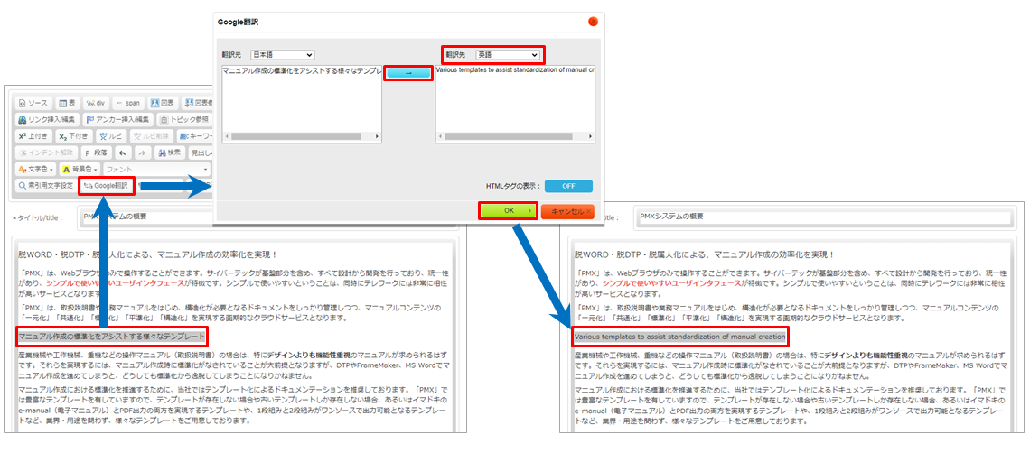 PMXのGoogle翻訳機能で翻訳する画面のキャプチャ画像